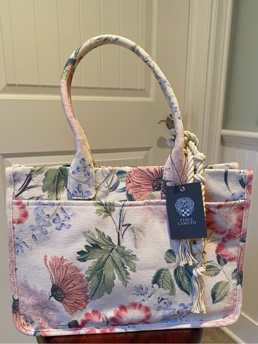 NWT Vince Camuto ‘Orla’ Floral Canvas Tote in Cream with Pink & Green Accents.